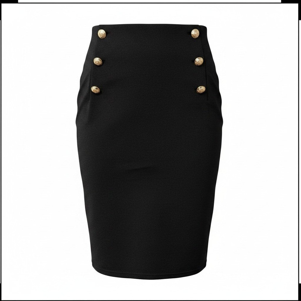 Emery Rose Pencil Skirt Women XXL Black Nautical Military Gold Button Textured